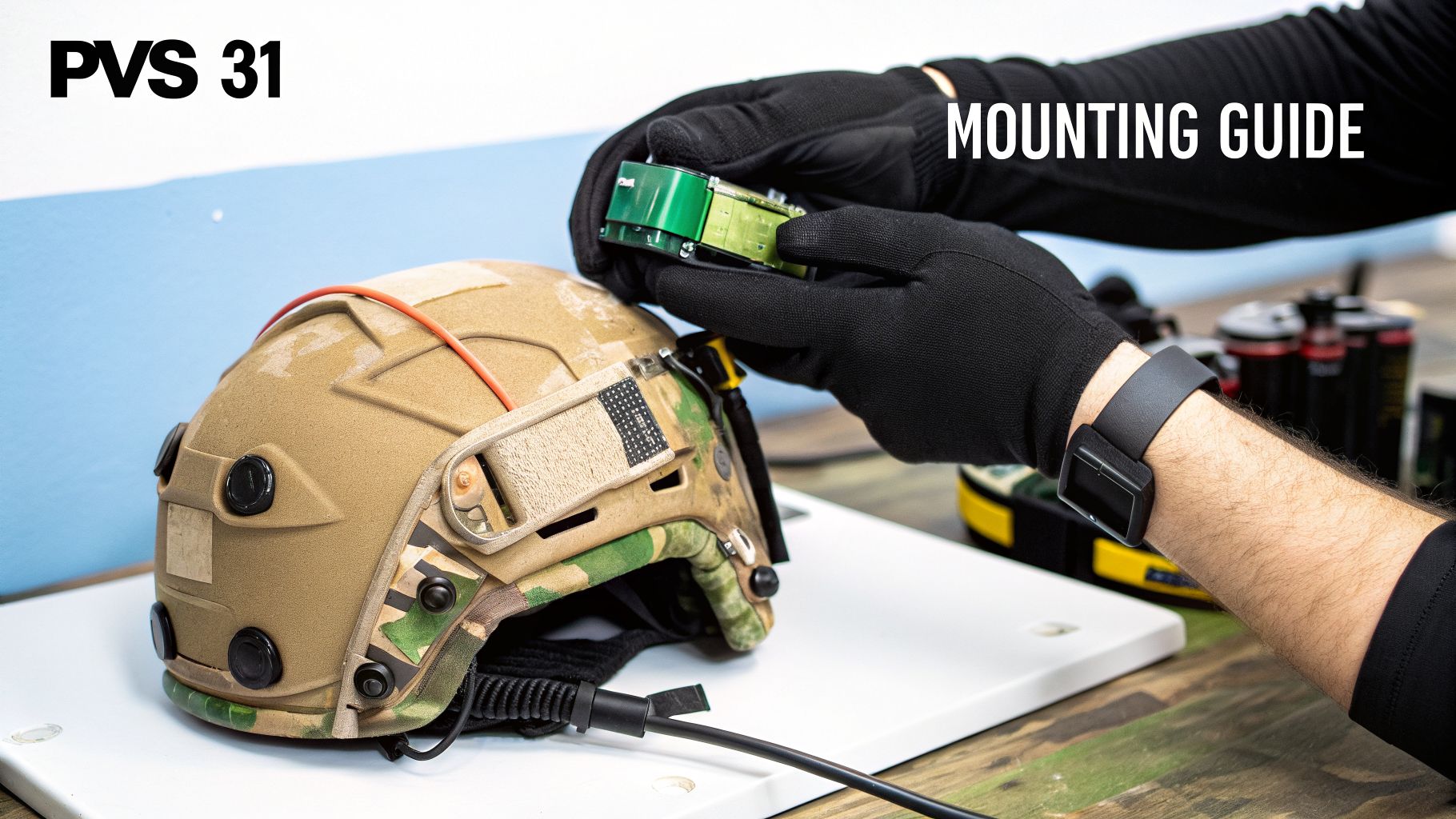 Hands in black gloves attaching a PVS 31 battery pack to a tan tactical helmet, a mounting guide.