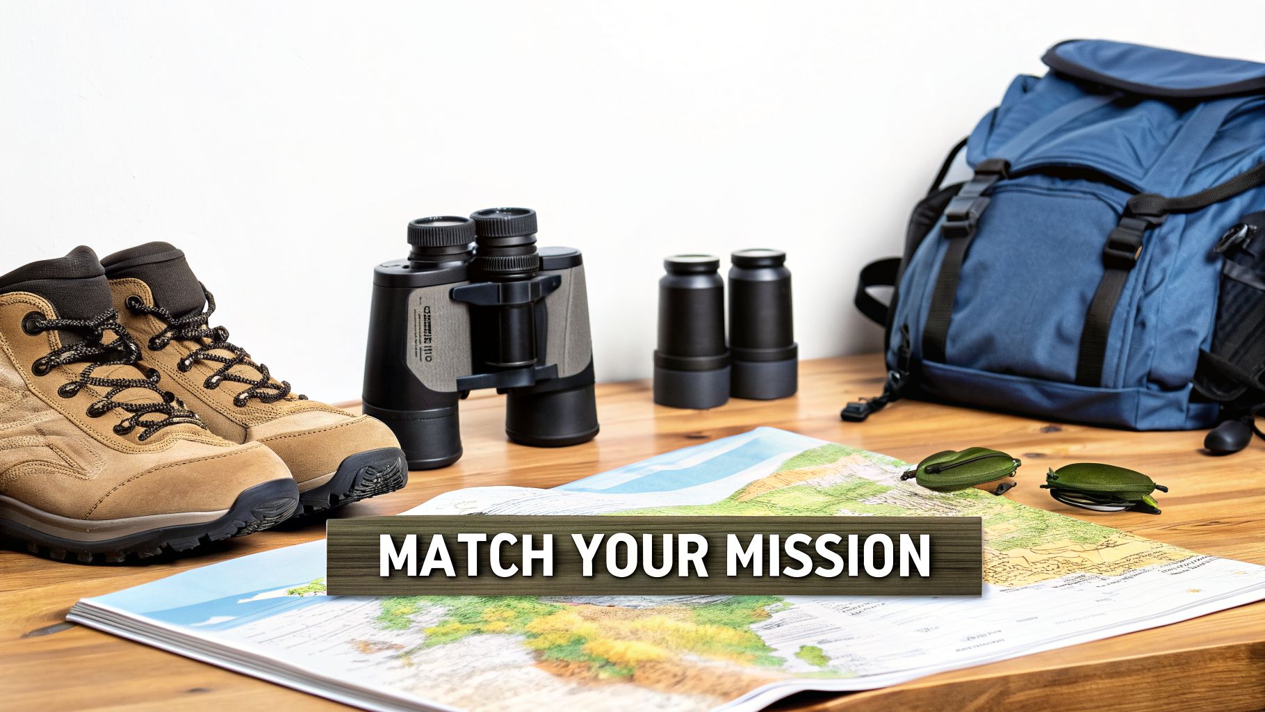 Hiking boots, binoculars, map, and backpack on a wooden table, with 'MATCH YOUR MISSION' text.