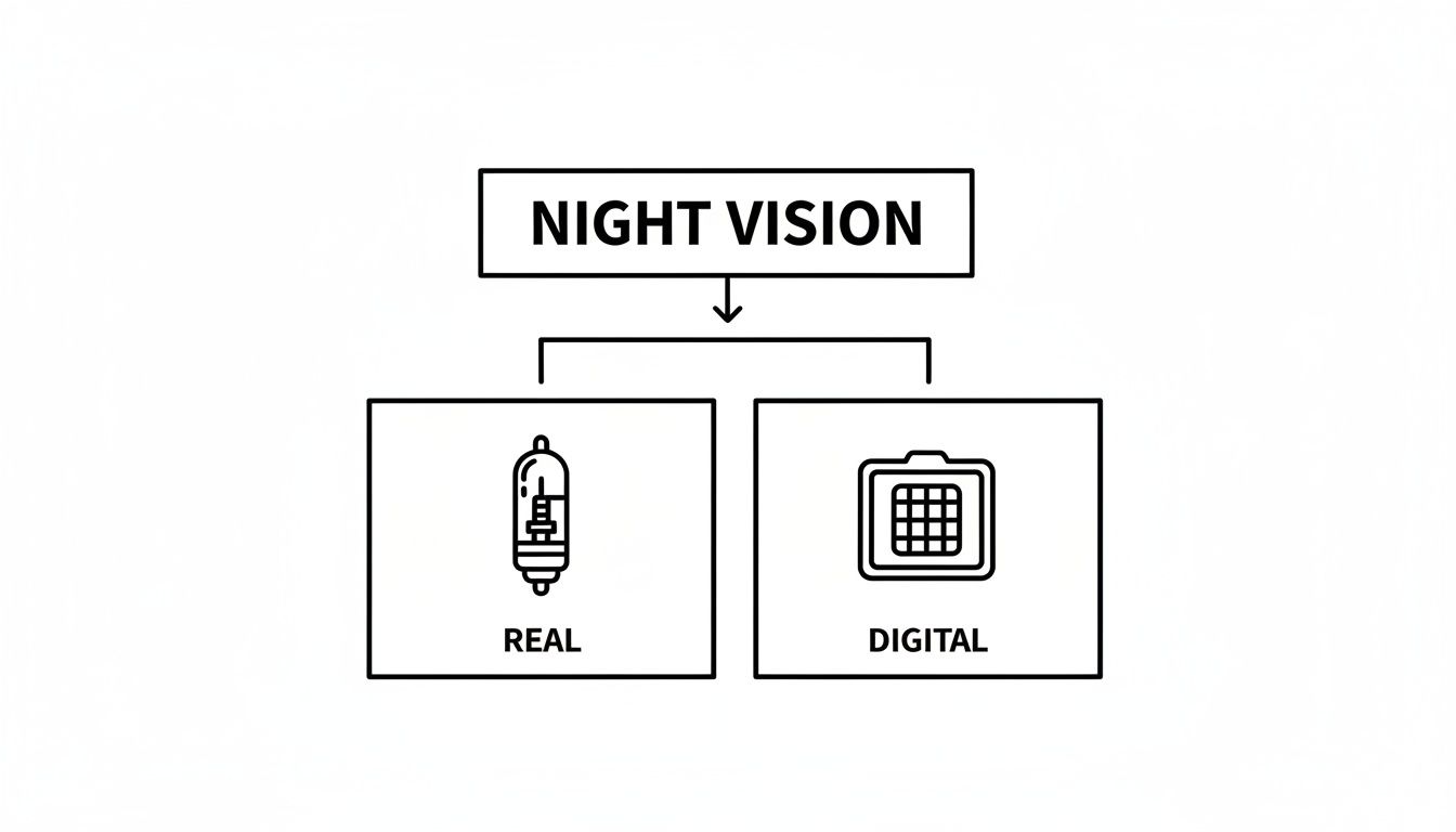Diagram illustrating night vision types: real (tube-based) and digital (sensor-based) technologies.