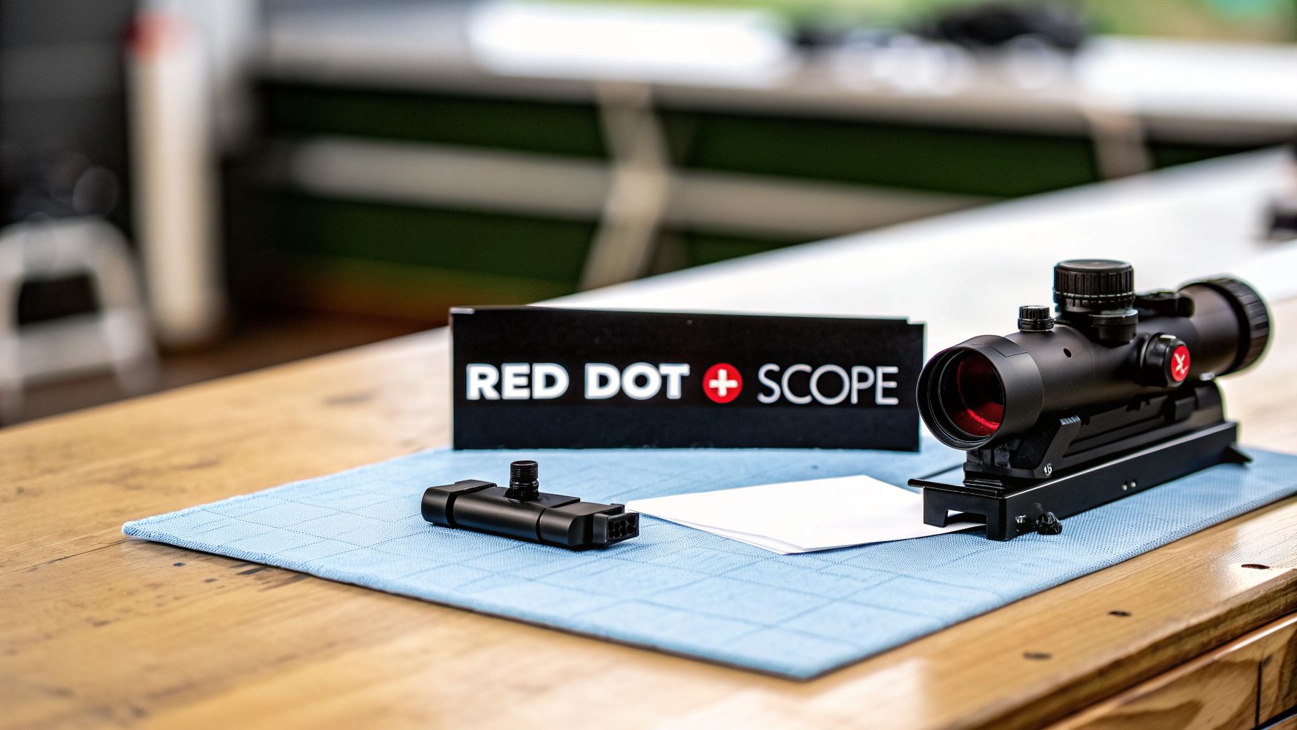 A red dot sight, a rifle scope, a sign with 'RED DOT + SCOPE' text, and paper on a wooden table.