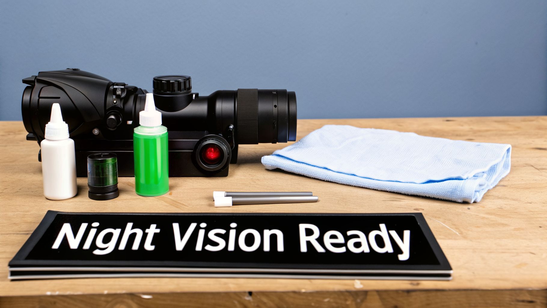 Black night vision thermal scope with cleaning liquids, rods, and a cloth on a wooden surface.