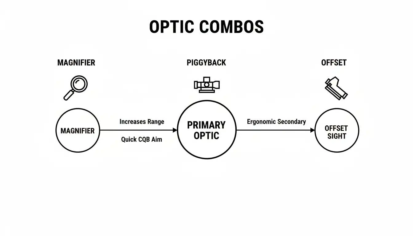 Diagram explaining optic combos for firearms, showing magnifier, primary optic, and offset sight setups.