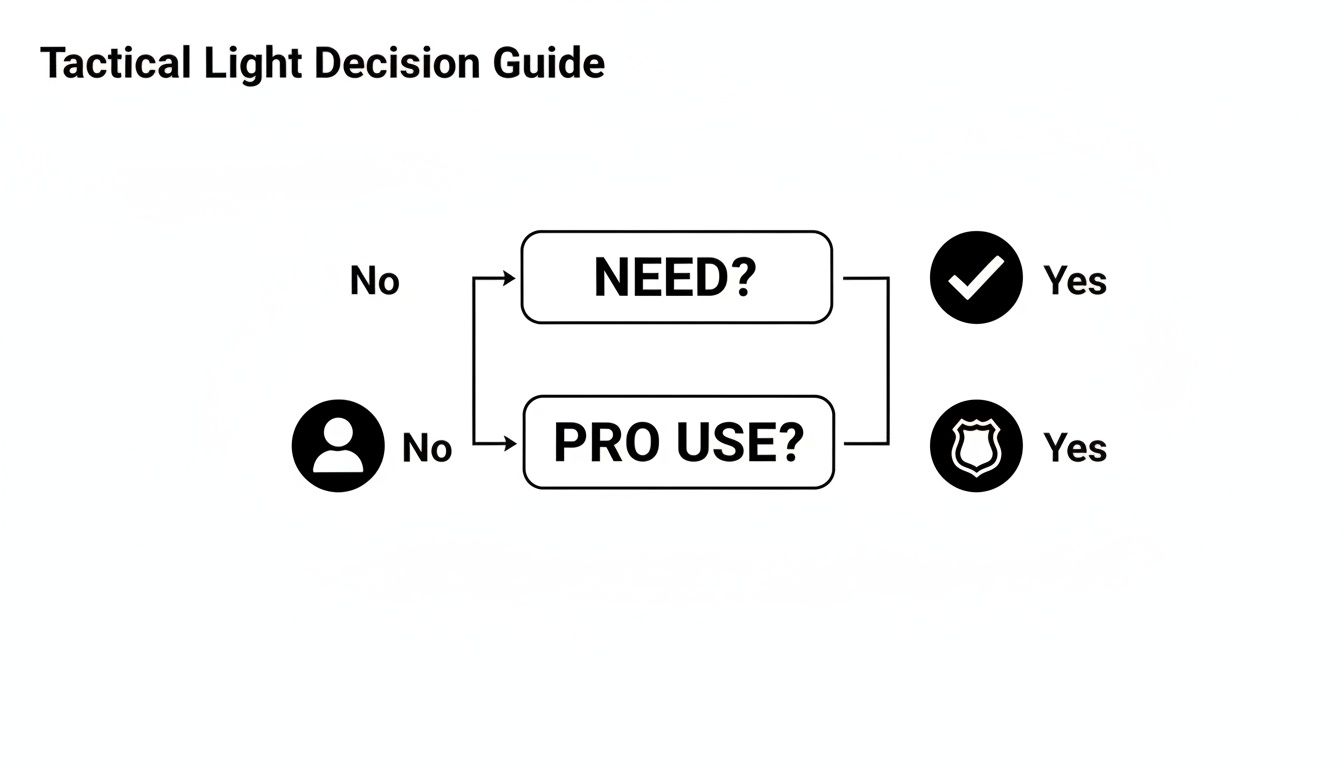 A tactical light decision guide flowchart with questions 'NEED?' and 'PRO USE?' leading to yes/no options.