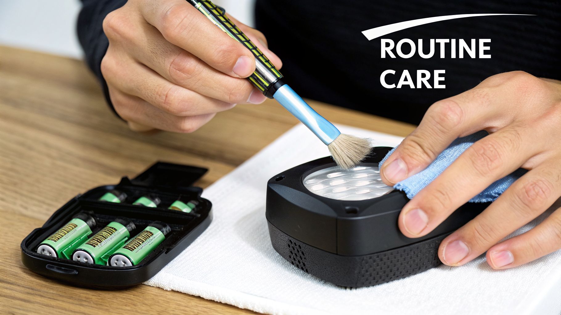 A person performs routine care, cleaning a black electronic device with a brush and cloth, with batteries nearby.