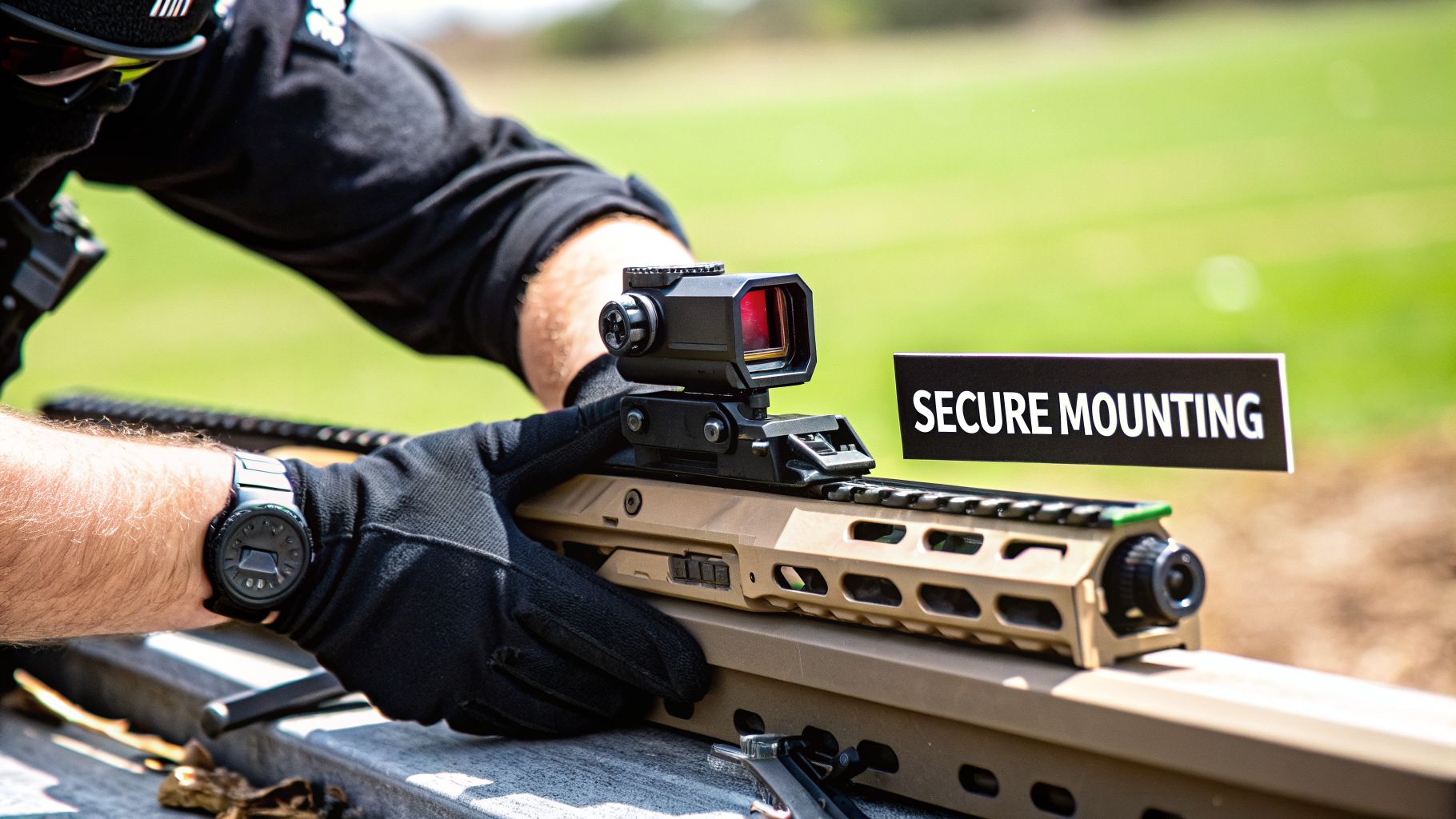 A gloved hand adjusts a red dot sight mounted on a tan rifle, with a 'SECURE MOUNTING' sign.