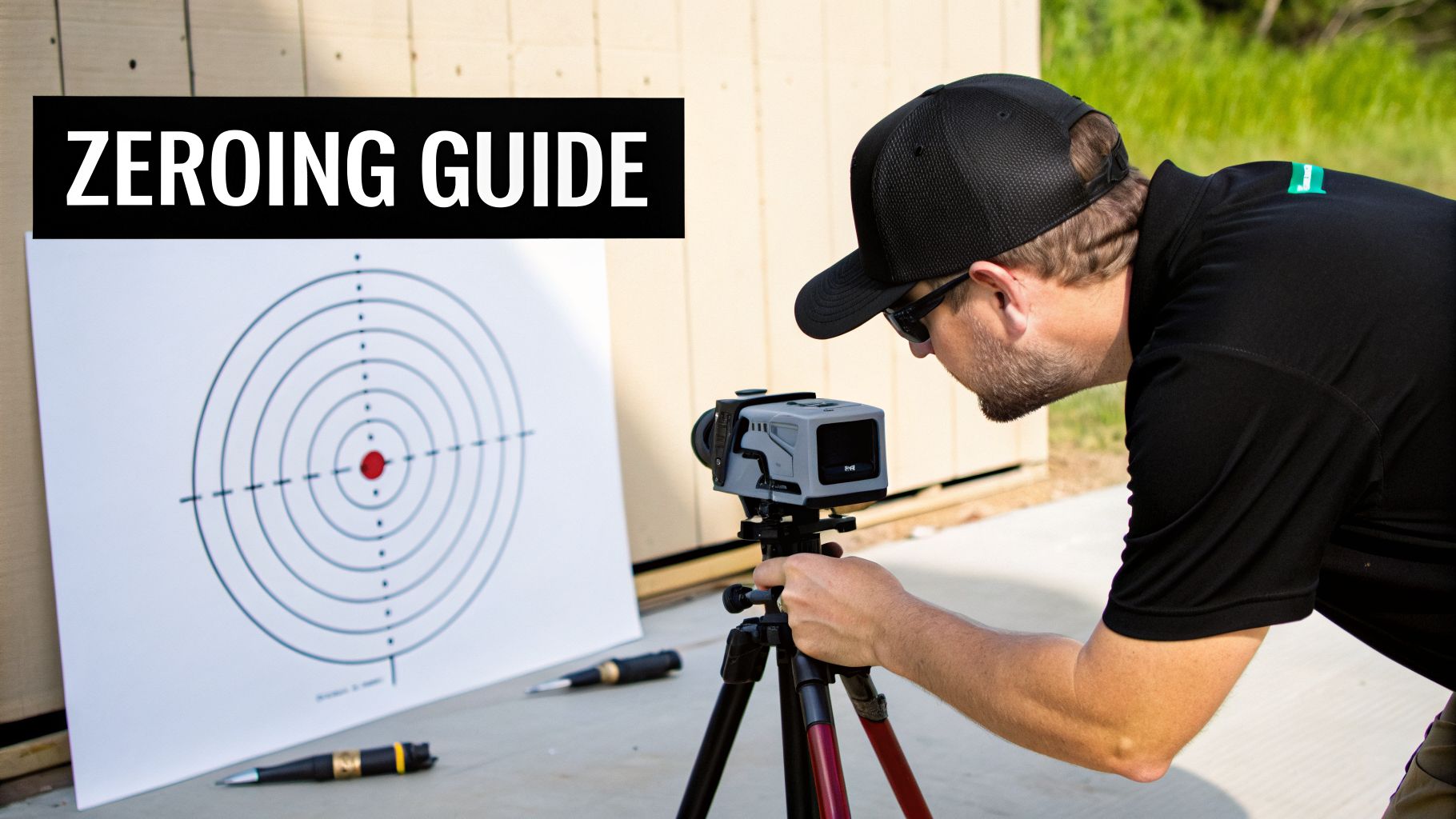 A man uses a zeroing device on a tripod, aiming at a shooting target to calibrate a firearm.