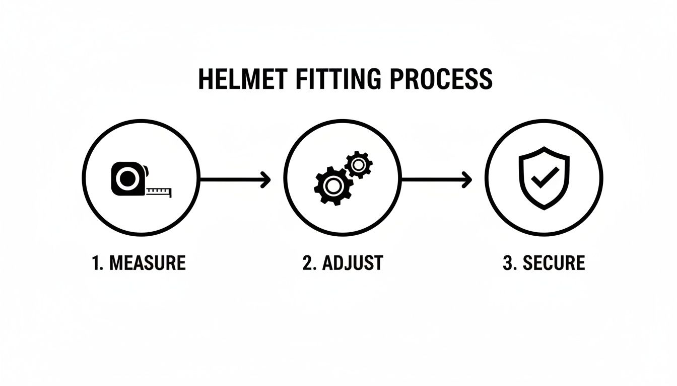 A diagram illustrating the three-step helmet fitting process: measure, adjust, and secure for safety.