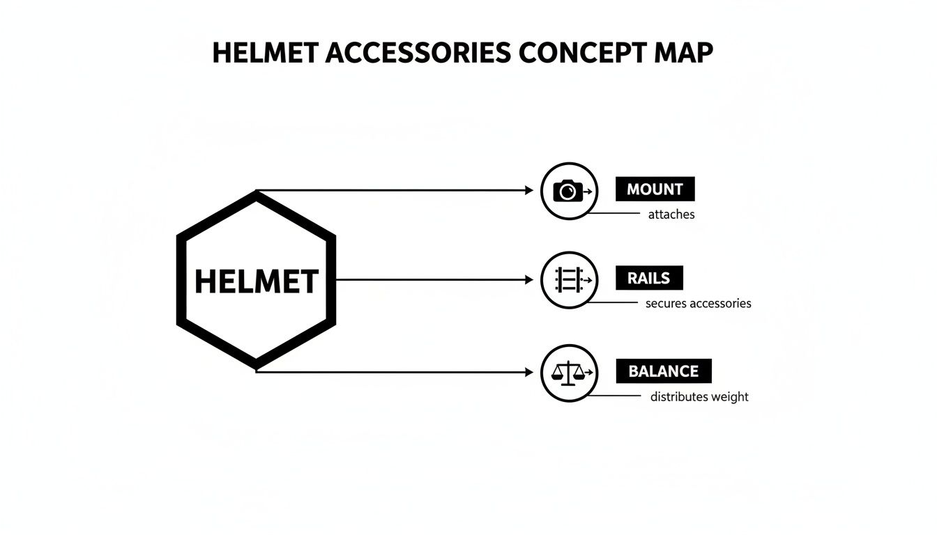 Concept map illustrating helmet accessories, showing mount for attachment, rails for securing, and balance for weight distribution.