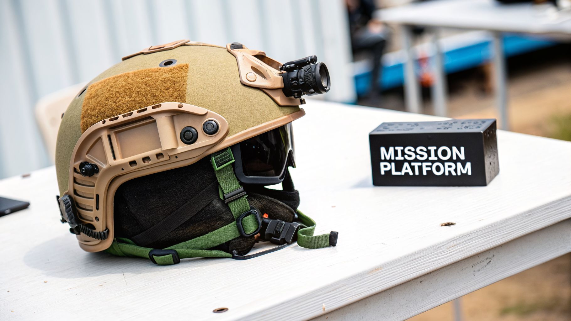A tactical bump helmet with a night vision device on a white table next to a 'MISSION PLATFORM' sign.