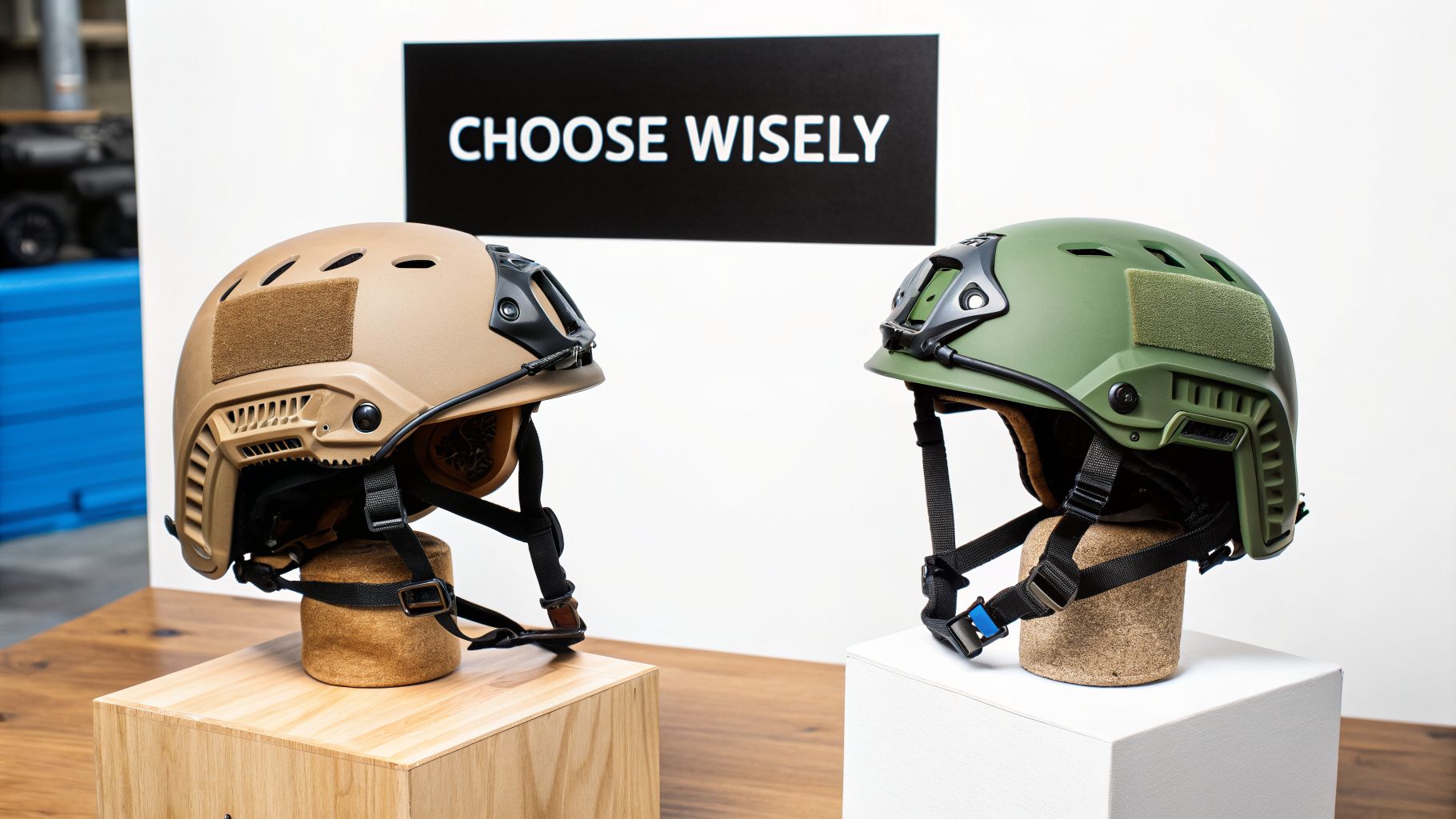 Two tactical bump helmets, one tan and one green, displayed on stands beneath a 'CHOOSE WISELY' sign.