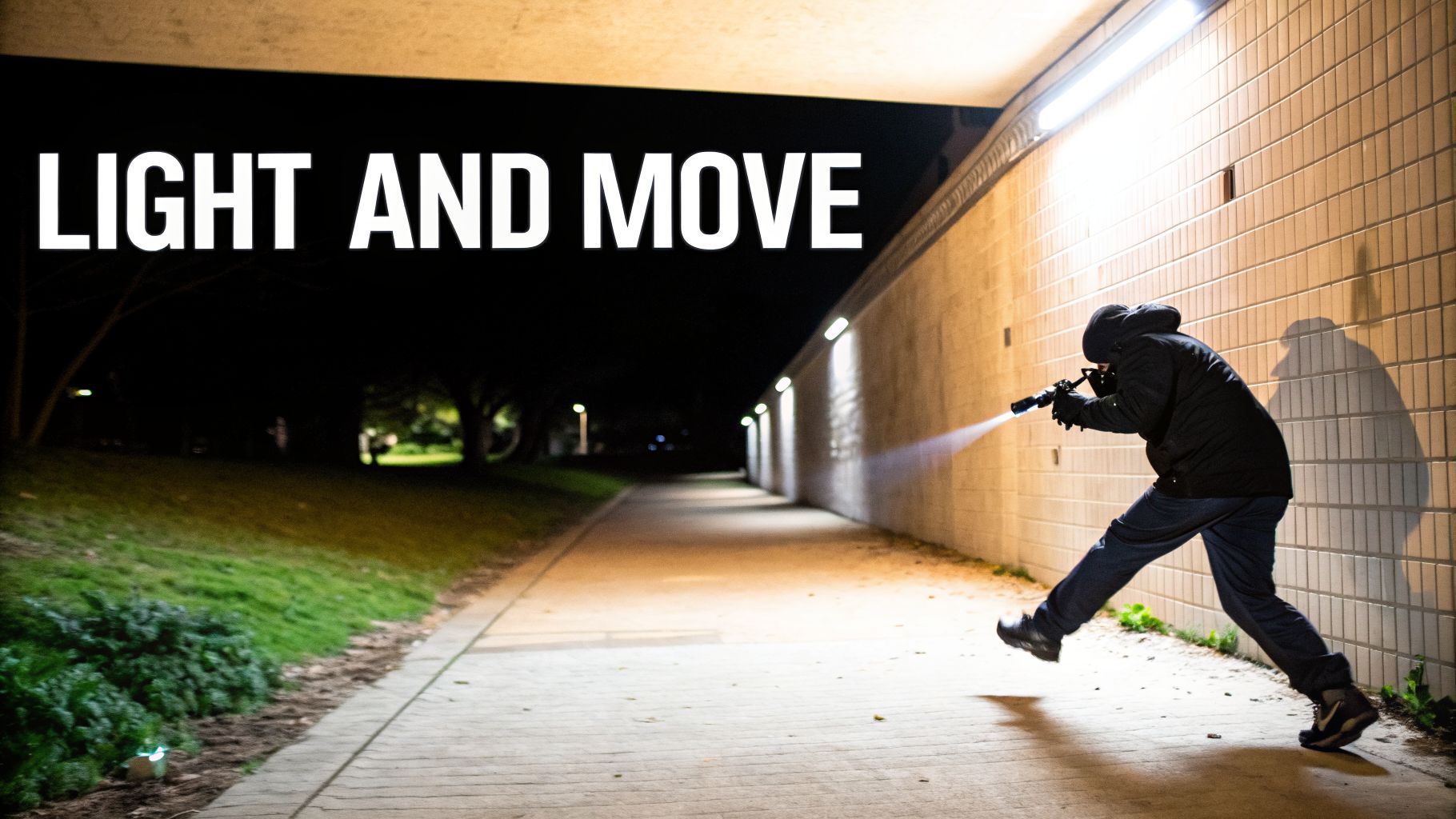 A person with a tactical rifle and flashlight moves along a dark pathway at night, with text 'LIGHT AND MOVE'.