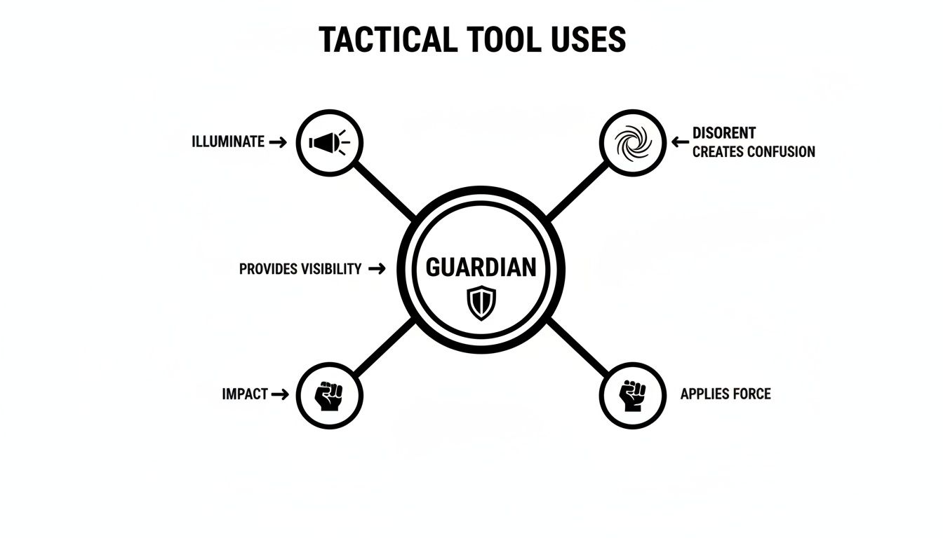 Diagram illustrating a guardian tactical tool's uses: illumination, disorient, impact, and force application.