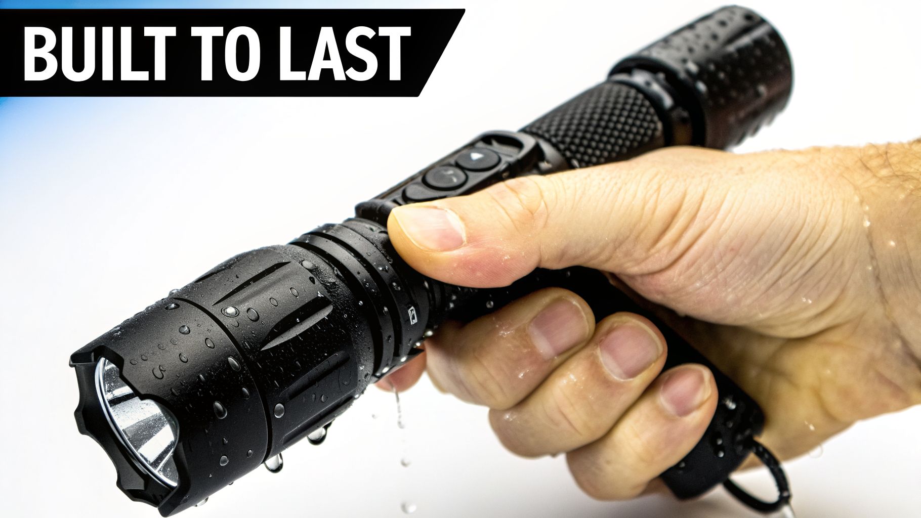 A person's hand grips a durable, black, waterproof tactical flashlight with water droplets, highlighting its rugged build.