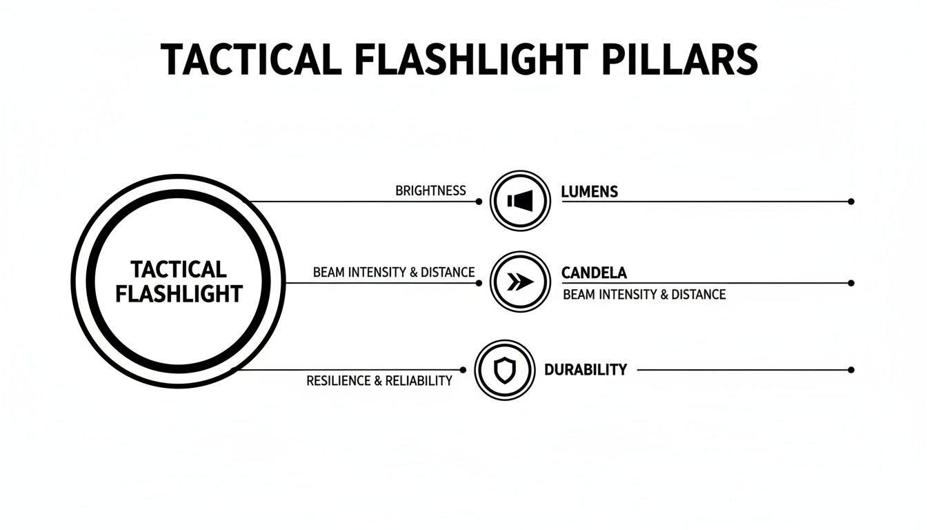 Infographic illustrating the three core pillars of tactical flashlights: brightness (lumens), beam intensity (candela), and durability.
