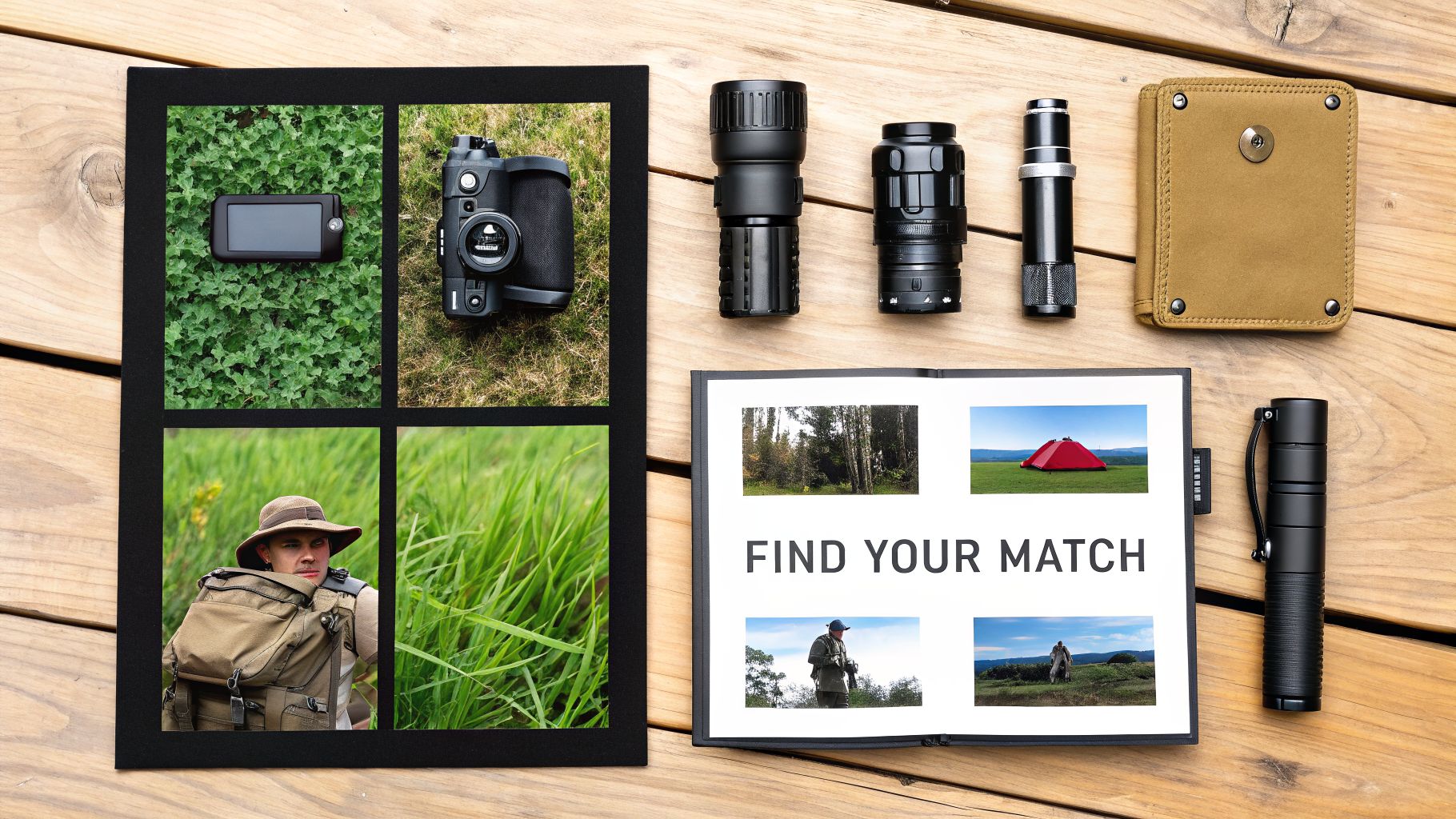 A flat lay showcasing tactical flashlights, photography gear, and outdoor activity photos on a wooden table.