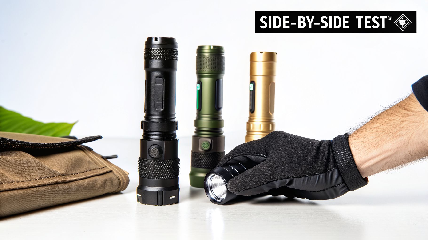 Gloved hand holds a shining flashlight among three other tactical flashlights on a white surface for a side-by-side test.