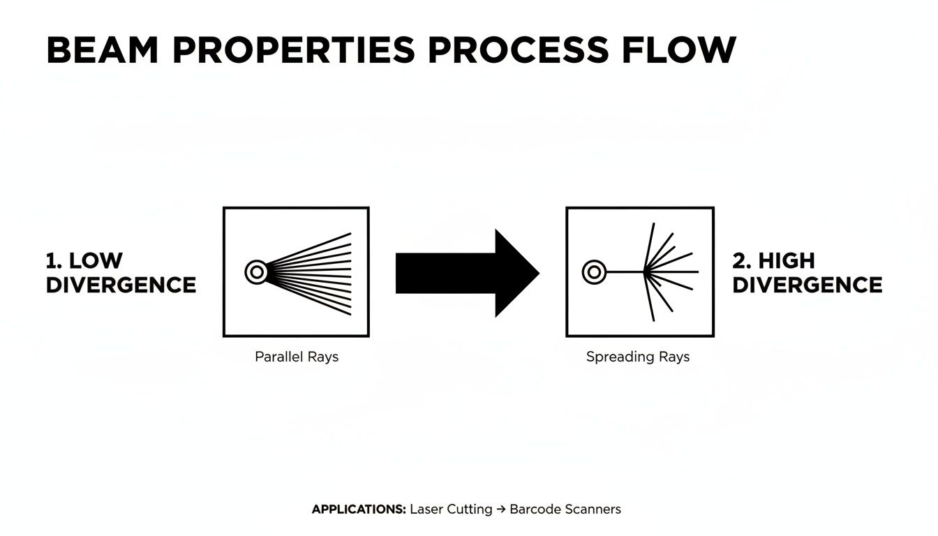 Diagram illustrating beam properties: from low divergence with parallel rays to high divergence with spreading rays.