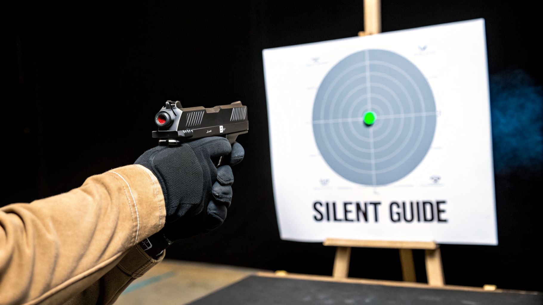 A gloved hand holds a pistol with a red laser sight aimed at a shooting target with a green center.