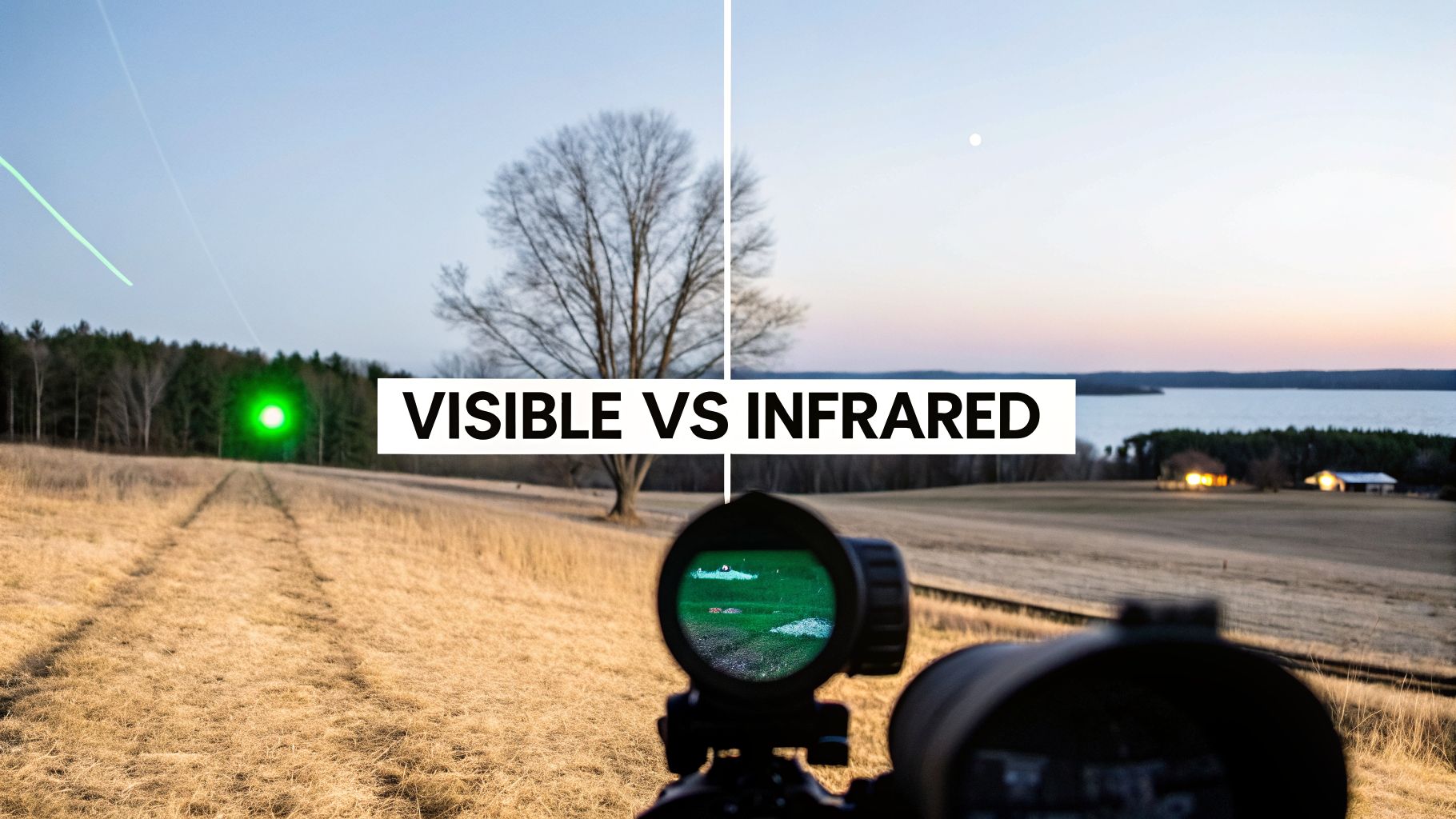 A split image comparing a visible green laser target on the left with an infrared scope view on the right.