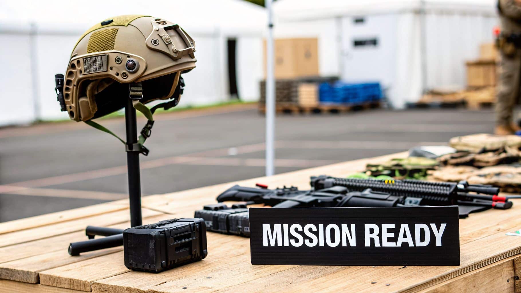 A tan tactical helmet on a stand next to firearms and a 'MISSION READY' sign on a wooden table.