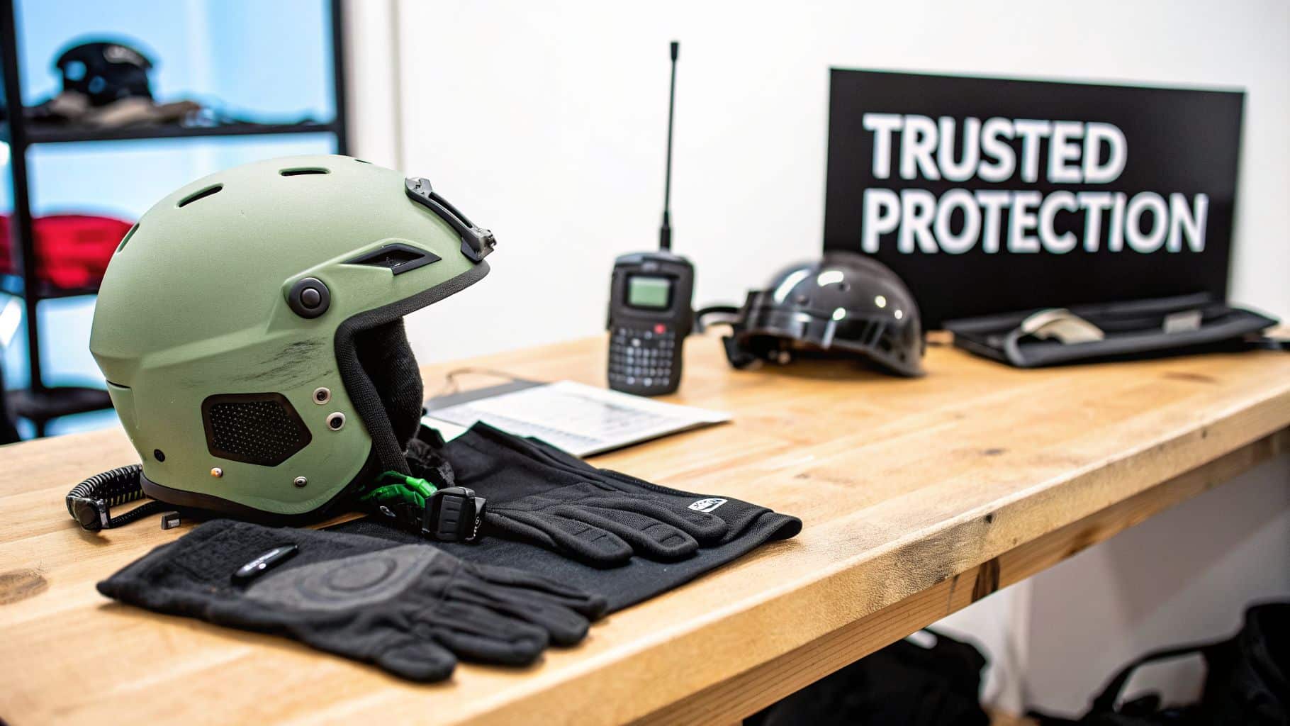 Green tactical helmet, gloves, and a radio on a wooden table next to a 'Trusted Protection' sign.