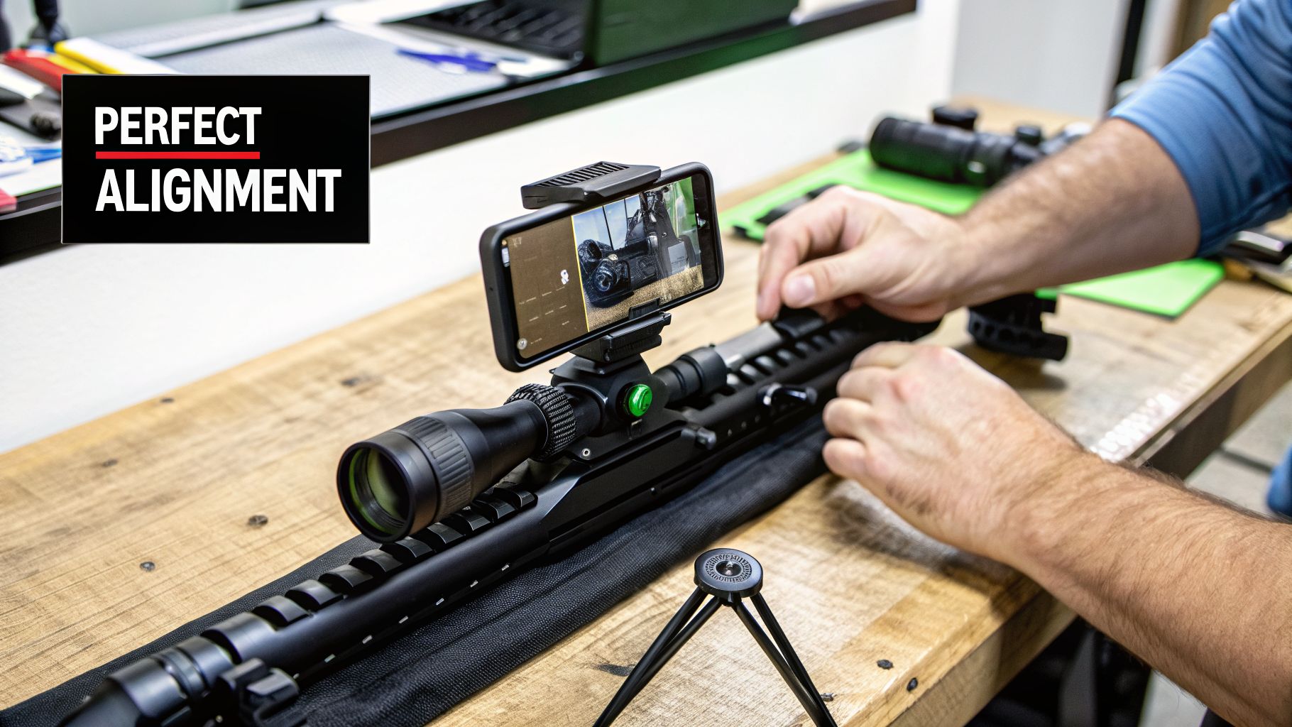A person adjusts a rifle scope with a smartphone mounted for precise alignment, demonstrating a modern tool.