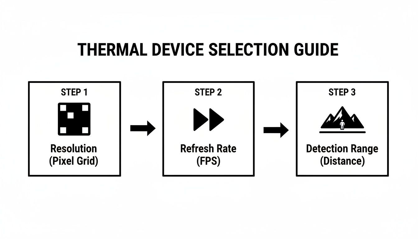 A thermal device selection guide flowchart showing steps for resolution, refresh rate, and detection range.