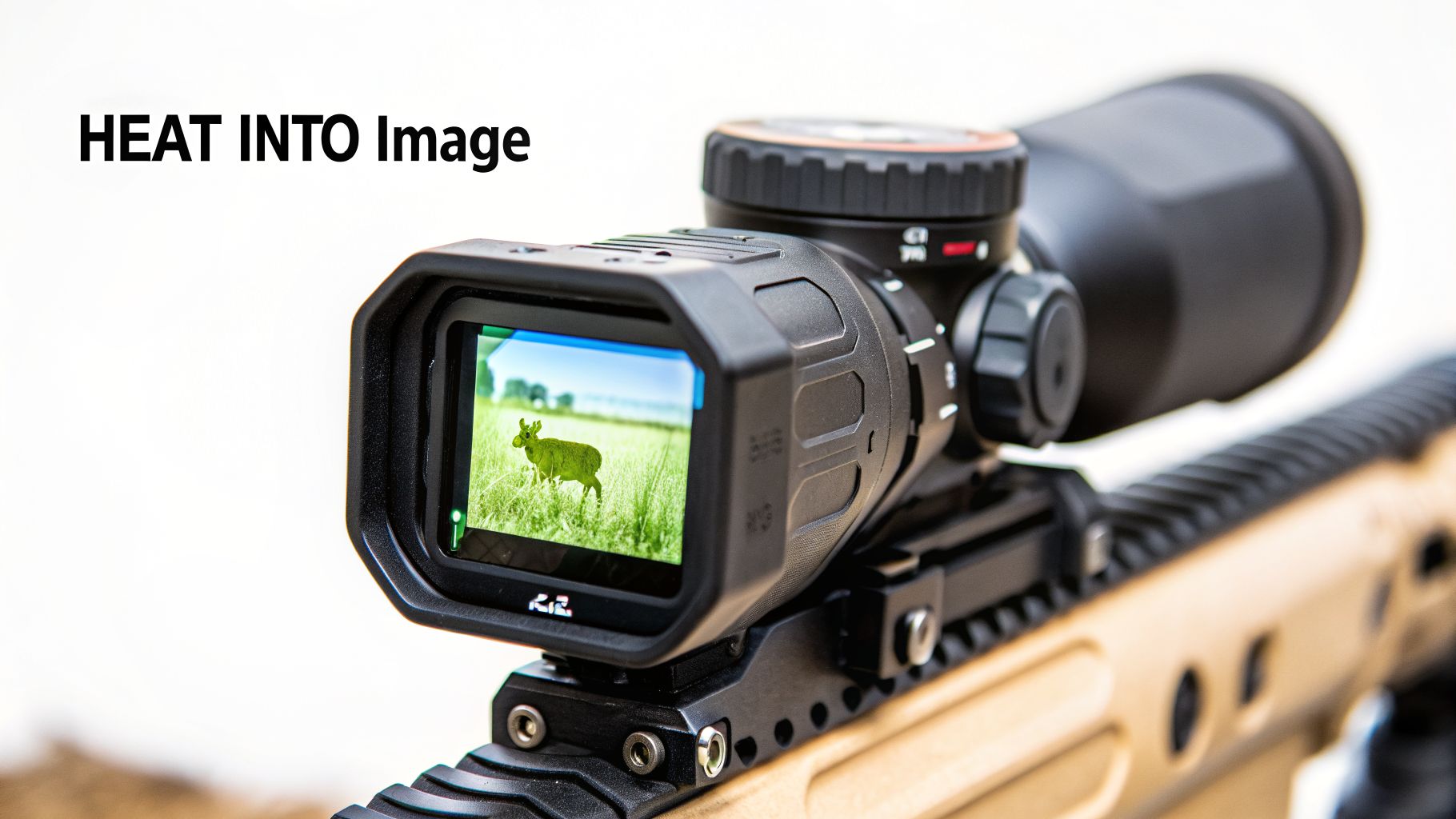 A thermal imaging device attached to a rifle scope, displaying a deer in a field.