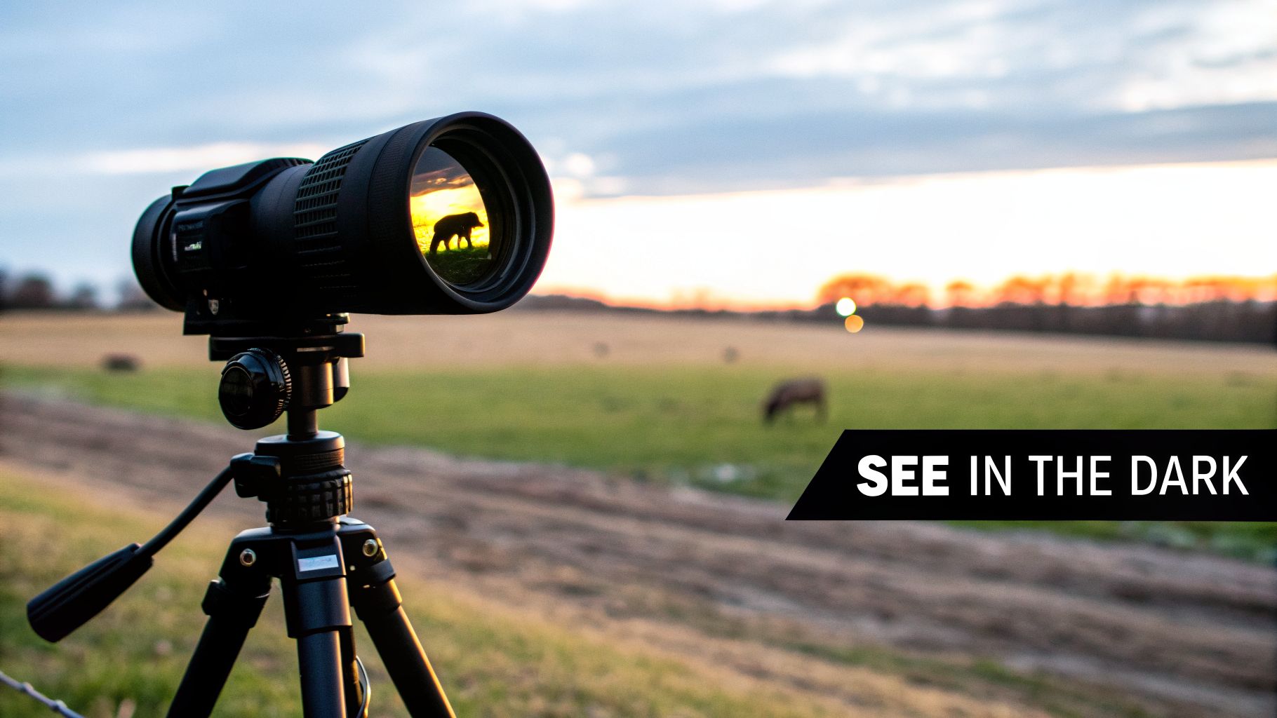 A thermal scope on a tripod, capturing a silhouette of an animal in its lens at sunset.