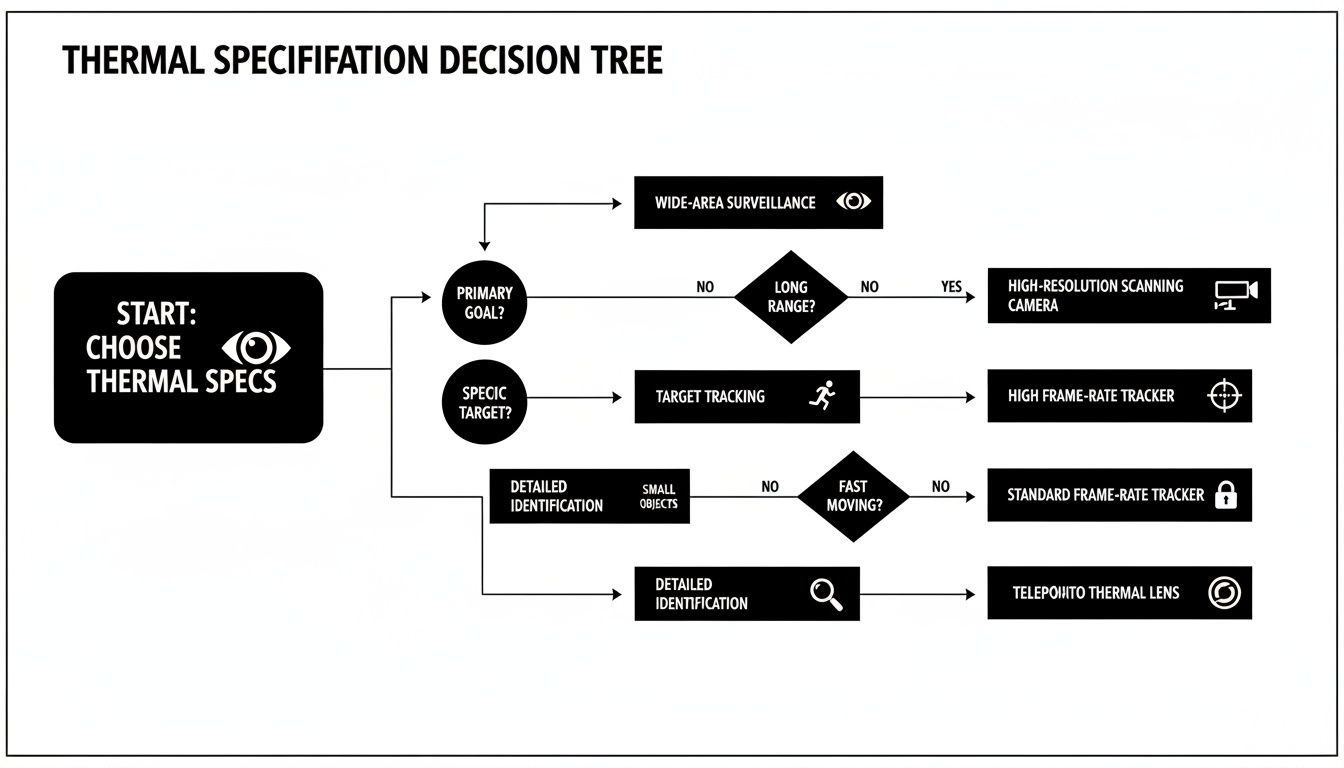 A thermal specification decision tree flowchart guiding selection based on primary goal and target characteristics.