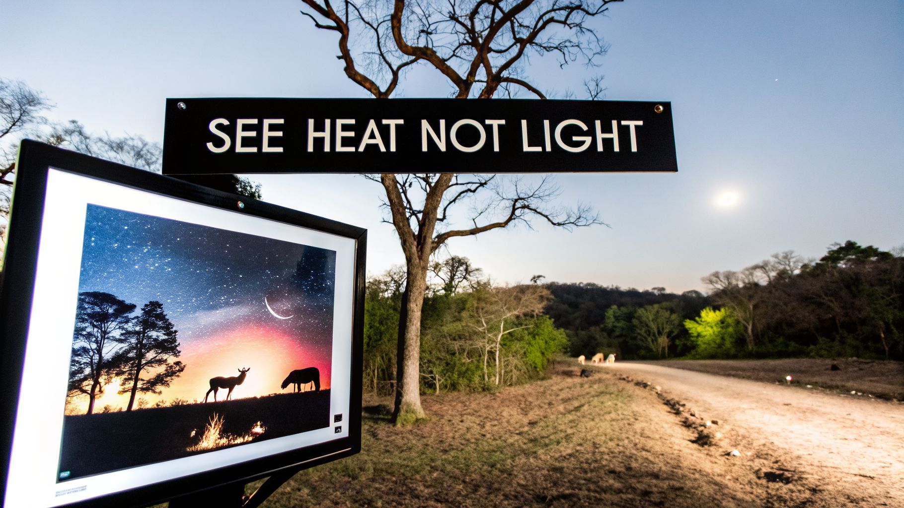 An outdoor exhibit features a 'SEE HEAT NOT LIGHT' sign and framed art of nocturnal wildlife under a starry sky.