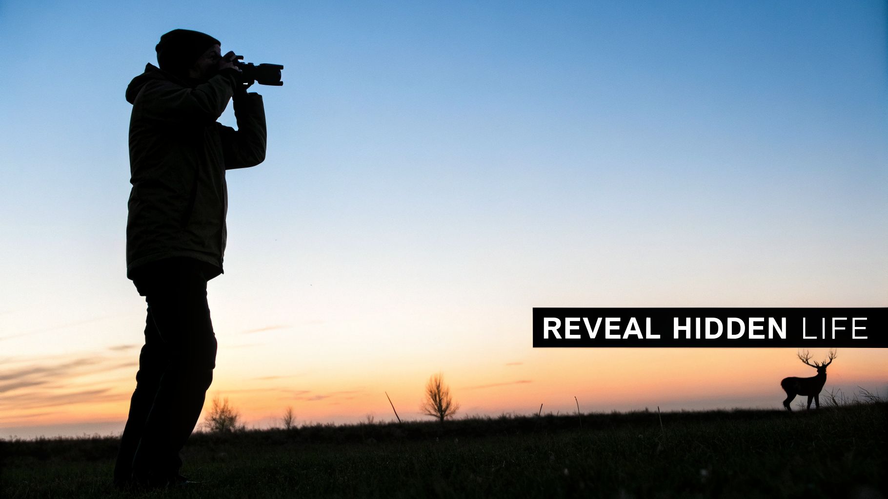 Silhouette of a photographer using a thermal imaging camera to observe a deer at sunset.
