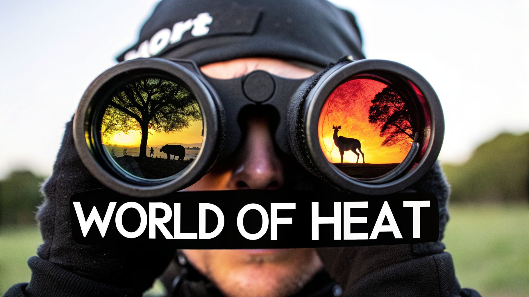 Person looking through binoculars at heat-vision style wildlife silhouettes during sunset.