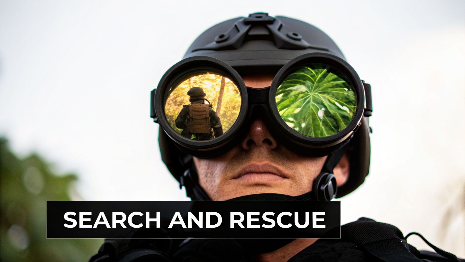 Tactical person in helmet and goggles, reflecting a search mission and nature, with 'SEARCH AND RESCUE' overlay.