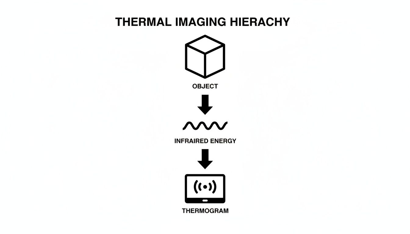 A diagram illustrating the thermal imaging hierarchy from object, to infrared energy, to thermogram.