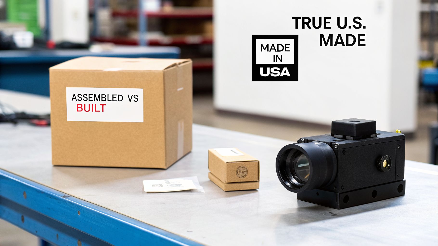 Precision optical scope on a factory floor with a box emphasizing 'ASSEMBLED VS BUILT' and 'TRUE U.S. MADE'.