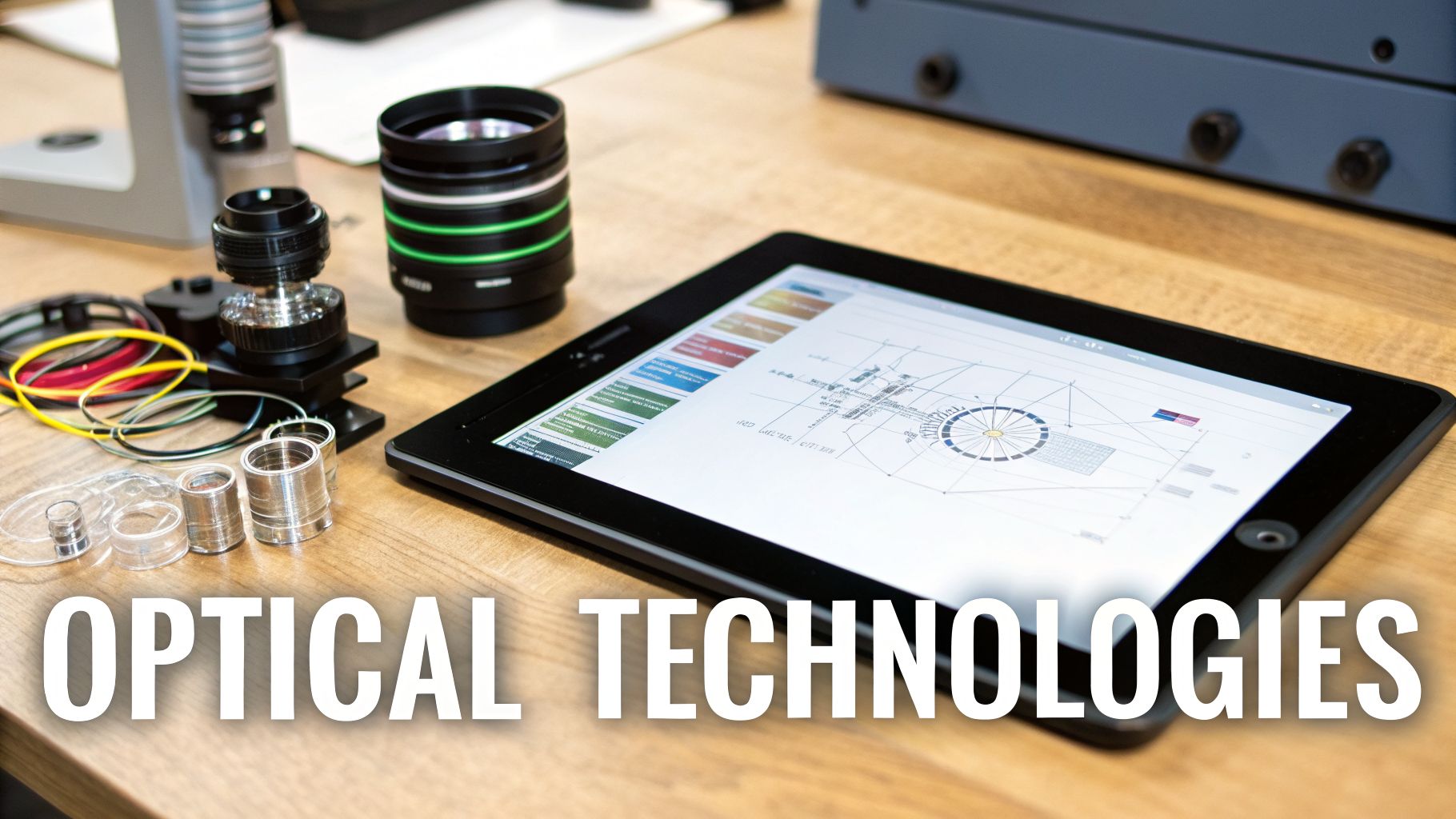 Optical equipment including lenses, a microscope, and a tablet with technical drawings on a wooden desk.
