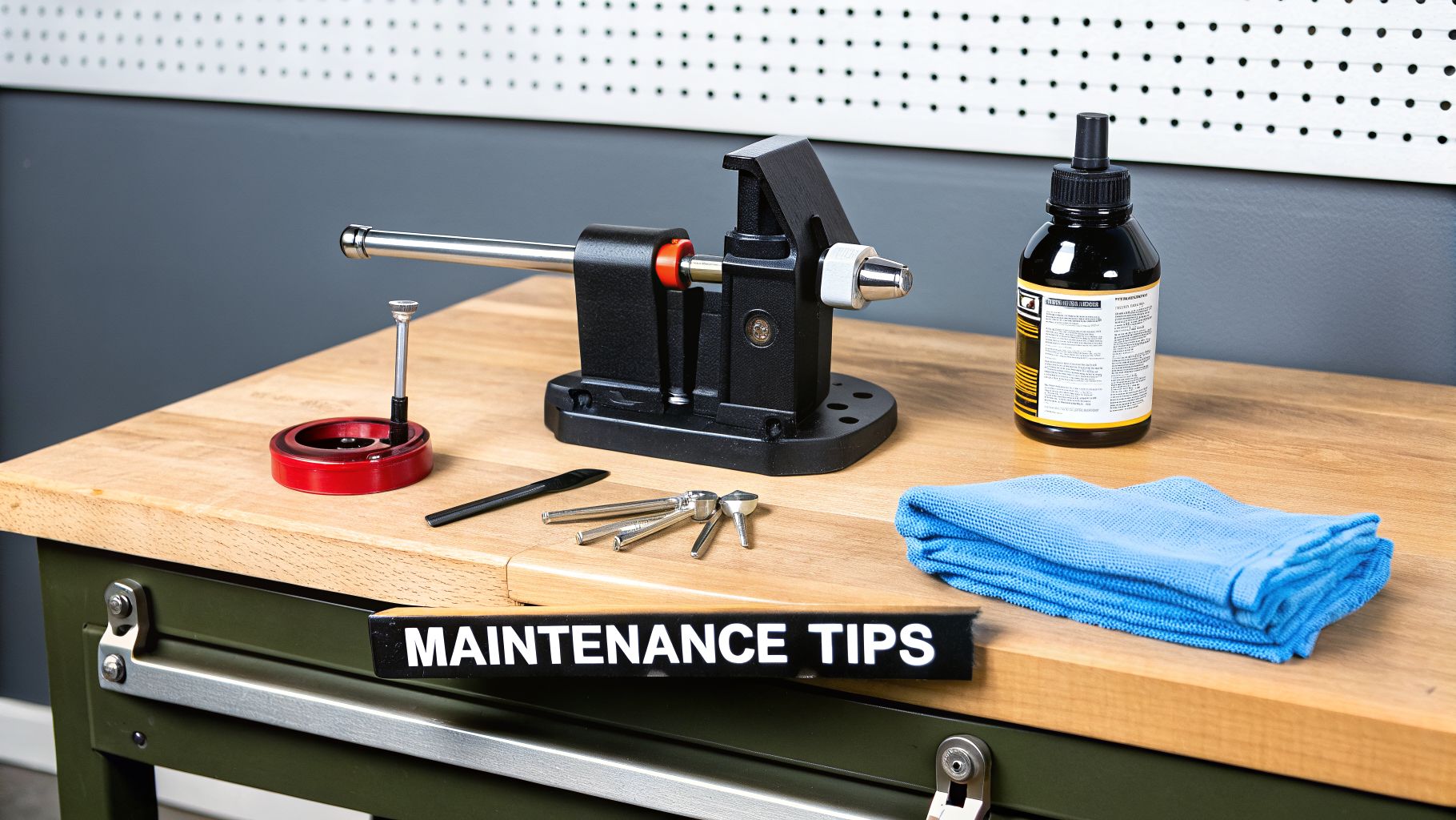 A workbench displaying various maintenance tools, including a vise, oil, small tools, and a blue cleaning cloth.