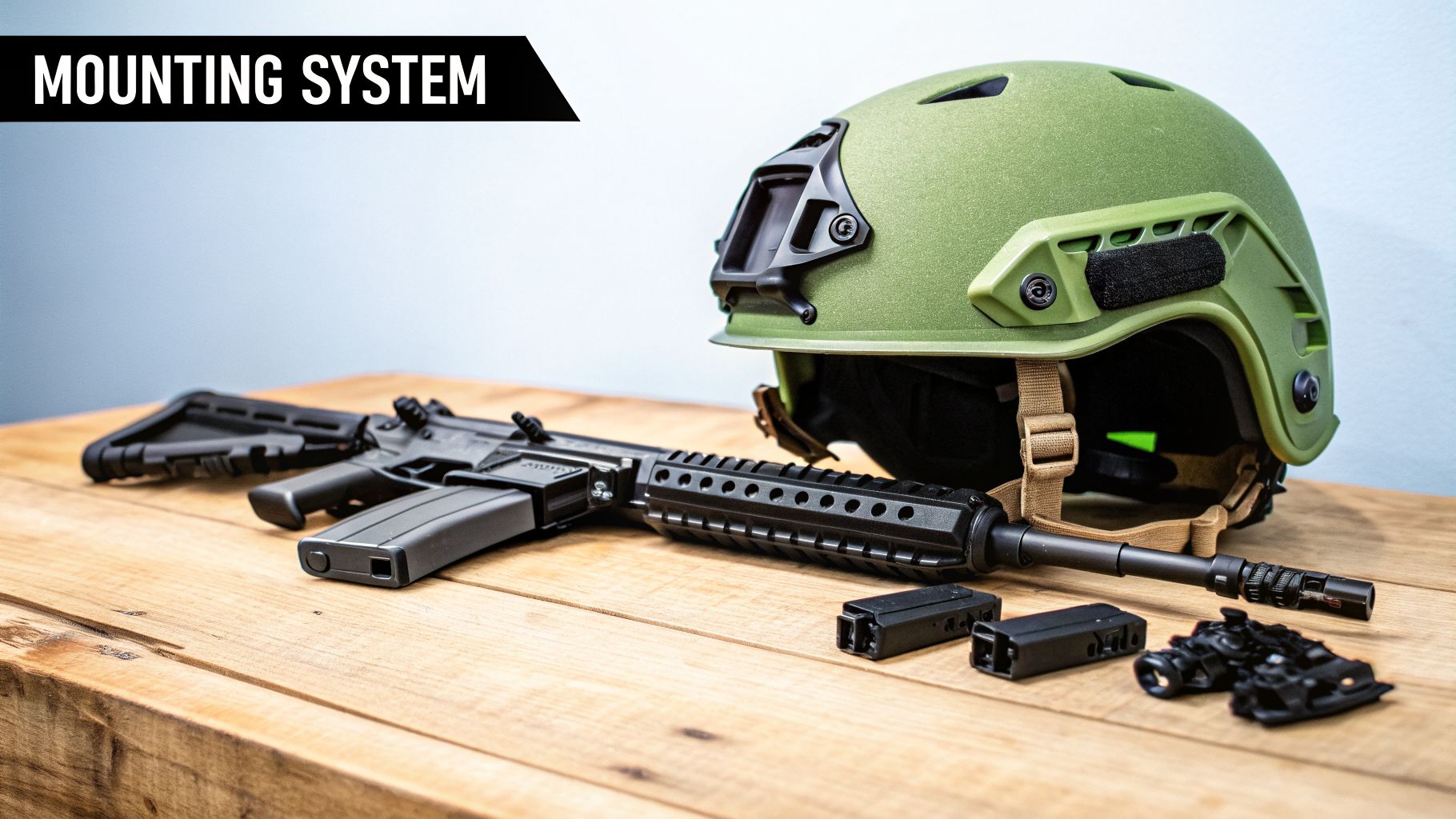 Tactical olive green helmet, black assault rifle, and mounting system components on a wooden table.