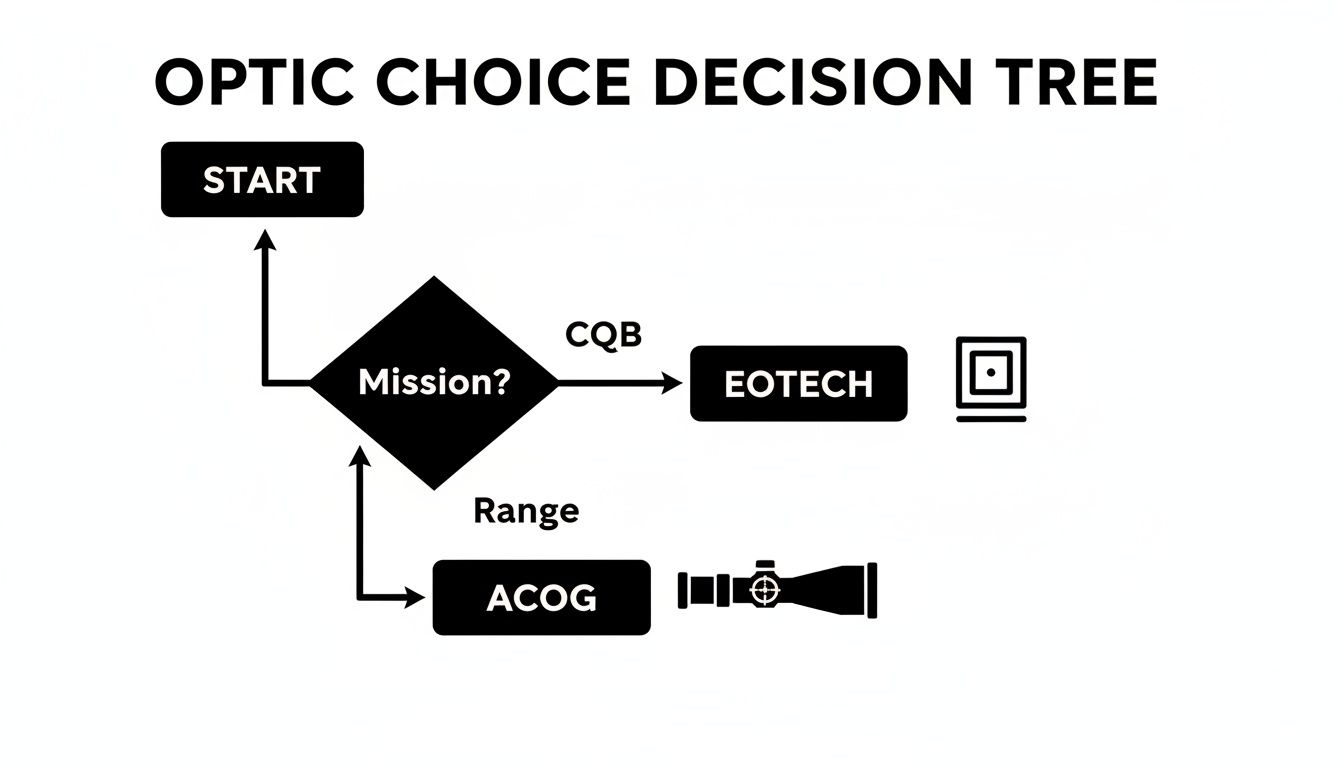 A decision tree flowchart for optic choice, recommending EOTECH for CQB and ACOG for range.