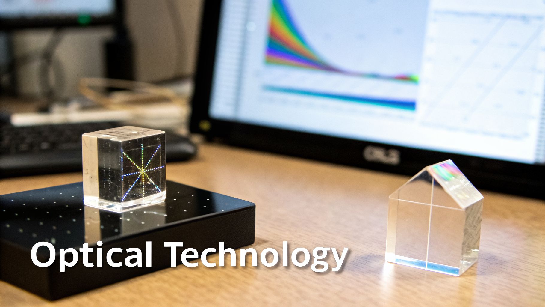 Optical technology setup with glowing cube, prism, and computer monitor displaying scientific graphs.