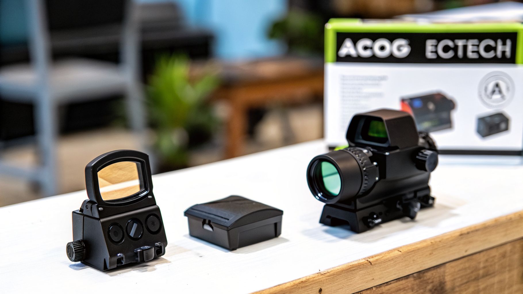 Two tactical rifle optics, a red dot sight and a magnifier, displayed on a table with an ACOG EOTECH box.