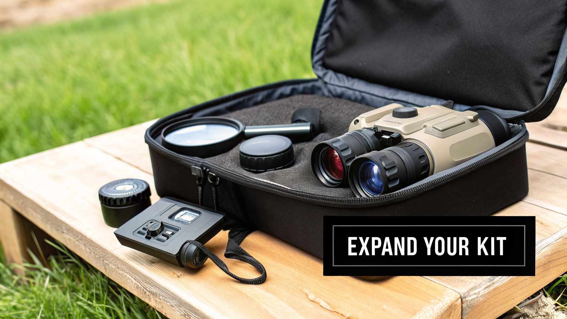 An open carrying case filled with tactical binoculars, a magnifying glass, and electronic devices on a wooden table.