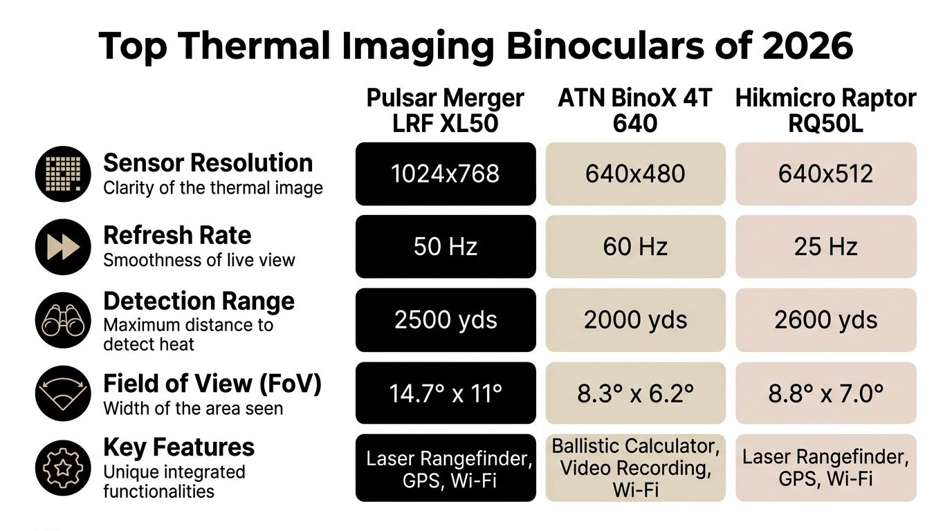 A comparison chart of top thermal imaging binoculars highlighting key technical specifications for three different models.