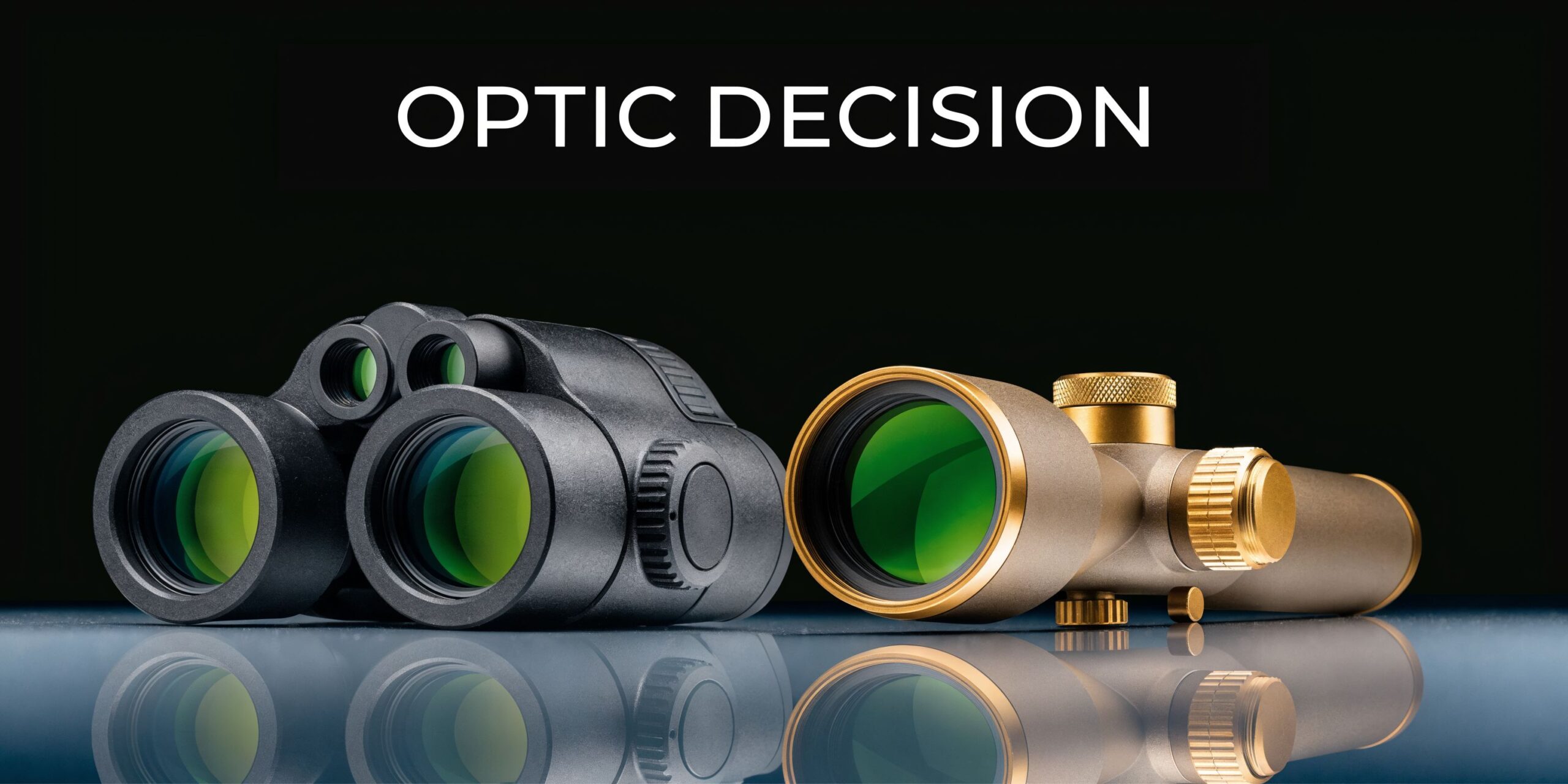 A black thermal imaging binocular and a gold rifle scope placed on a reflective surface.