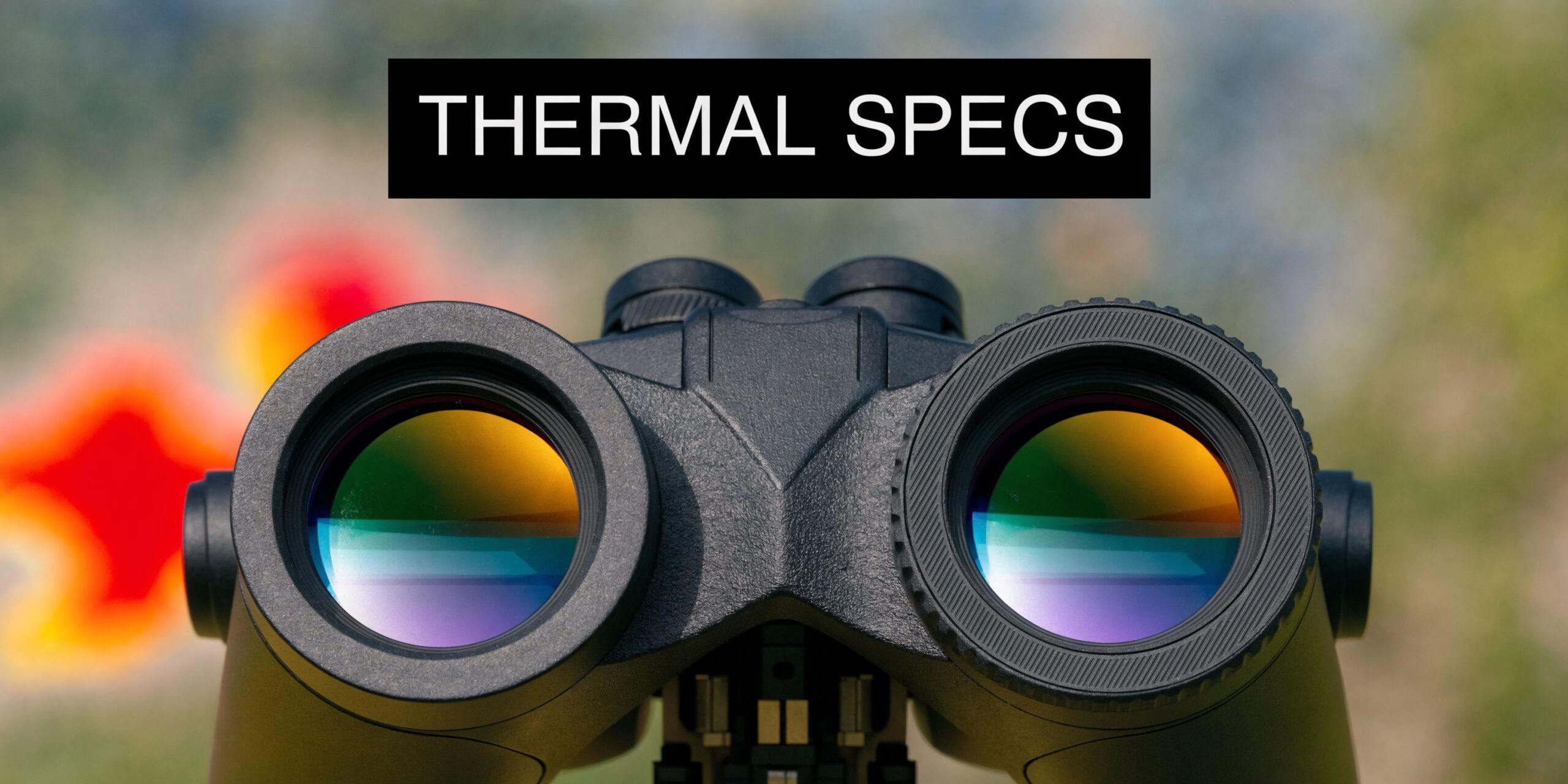 A close-up view of advanced thermal imaging binoculars positioned against a blurred, colorful thermal heat map background.