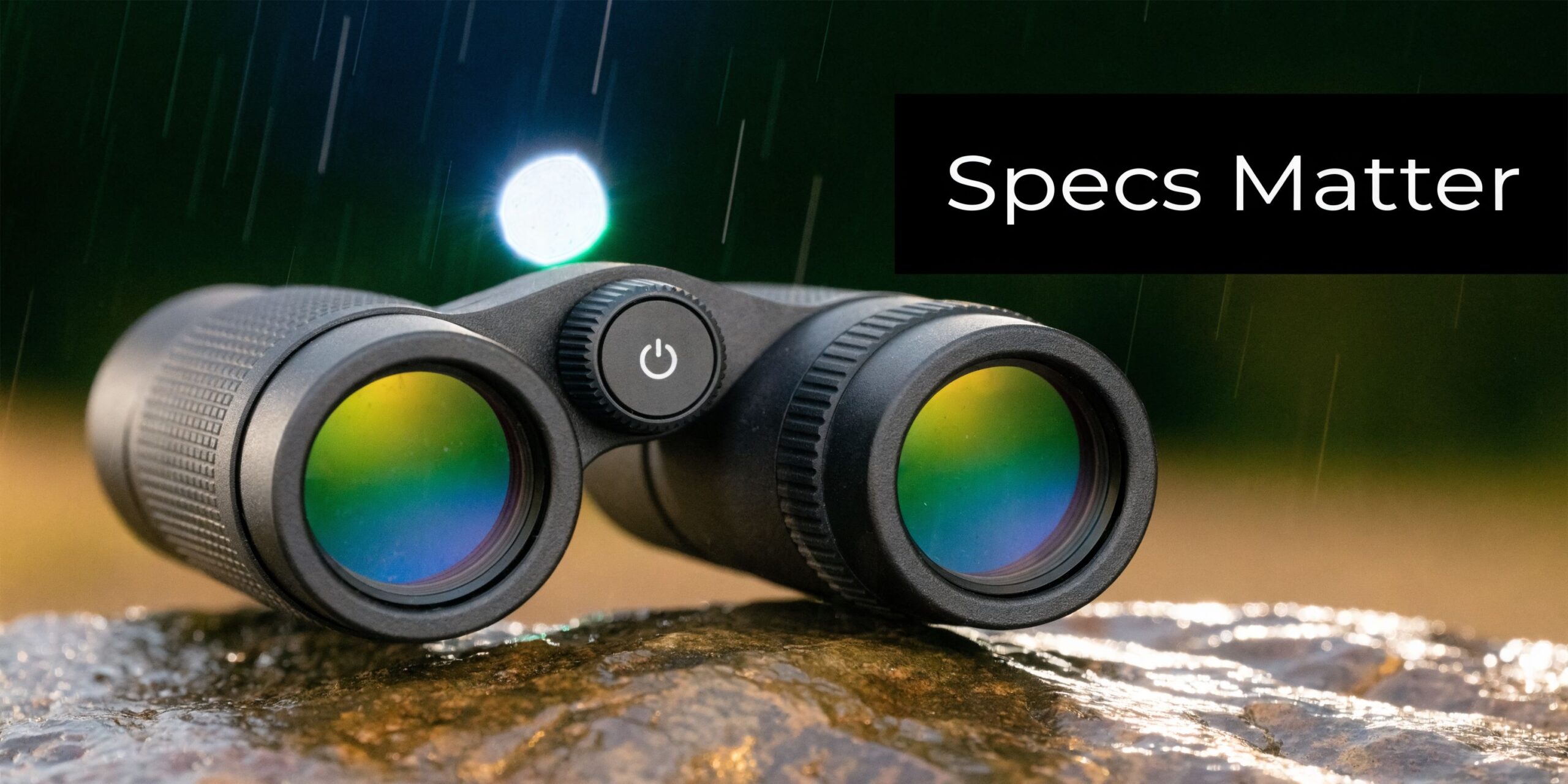 A pair of black binoculars with a power button sitting on a wet rock during rain.