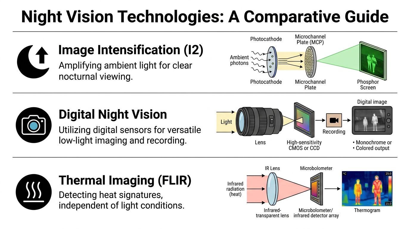 A comparison guide explaining the three main night vision technologies including image intensification, digital night vision, and thermal imaging.