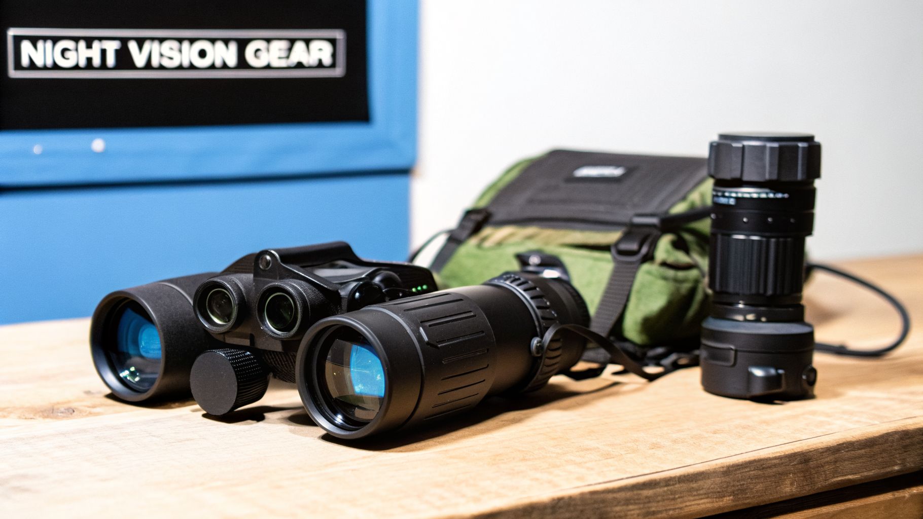 A collection of night vision gear, including binoculars, a monocular, and a lens on a wooden table.