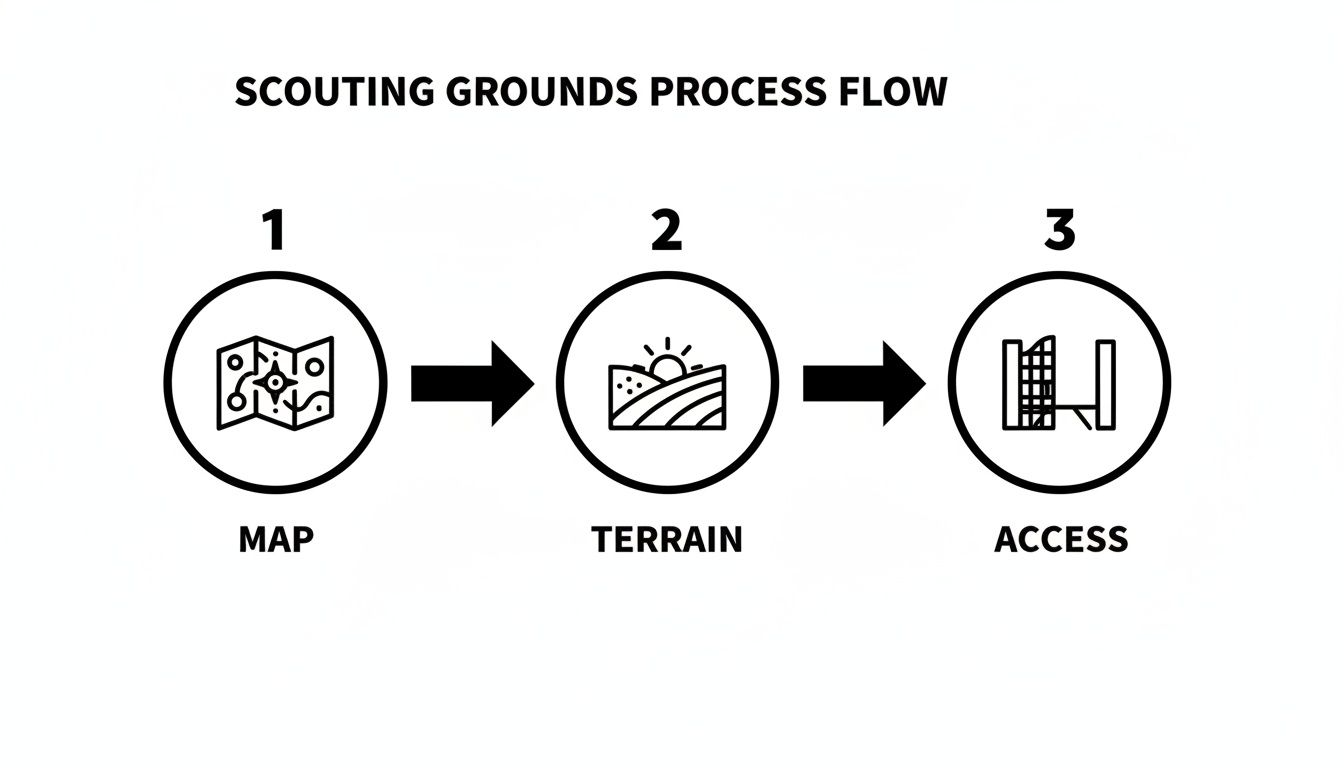 A simple process flow diagram illustrating three steps for scouting grounds: Map, Terrain, and Access.